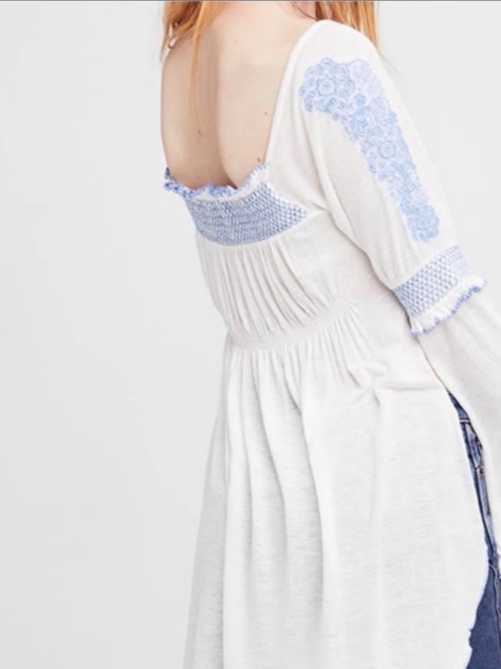 Free People White Off-Shoulder Tunic with Light Blue Embroidery